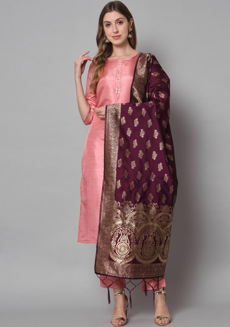 Pink Self Design Cotton Blend Salwar Kameez With Dupatta