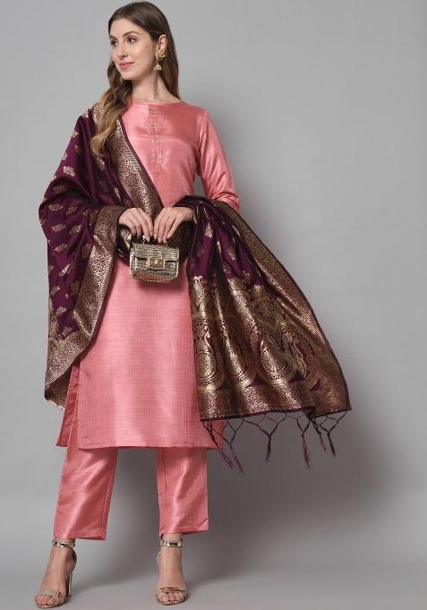 Pink Self Design Cotton Blend Salwar Kameez With Dupatta