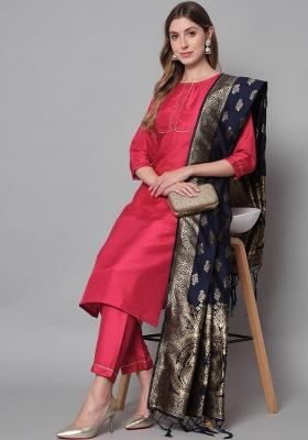 Red Self Design Cotton Blend Salwar Kameez With Dupatta