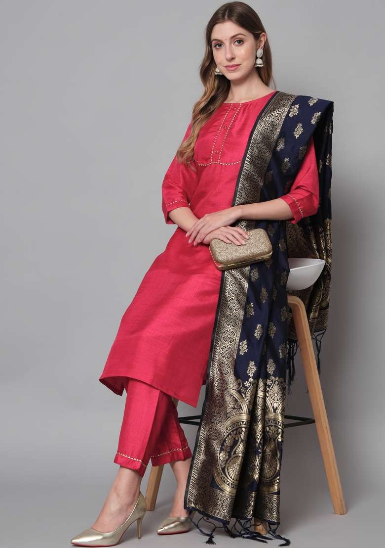 Red Solid Cotton Straight Kurta Set - Indya