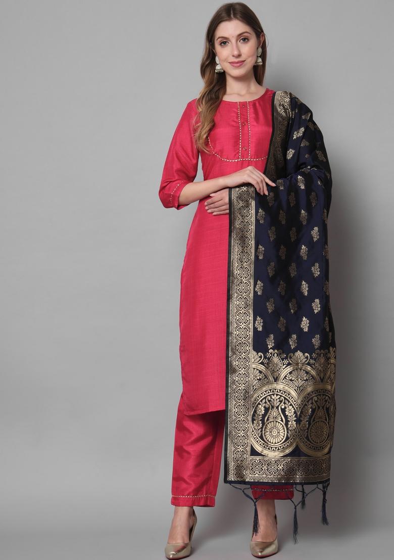 Red Self Design Cotton Blend Salwar Kameez With Dupatta