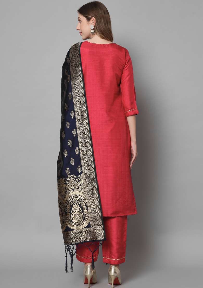 Red Solid Cotton Straight Kurta Set - Indya