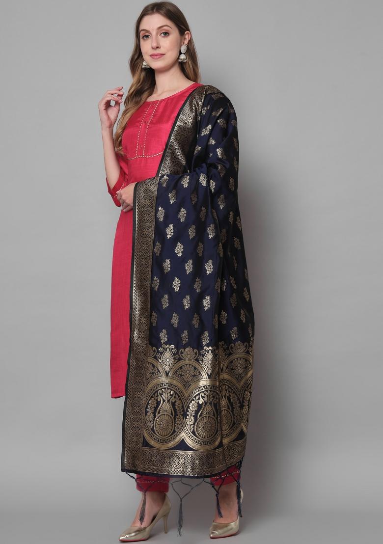 Red Self Design Cotton Blend Salwar Kameez With Dupatta