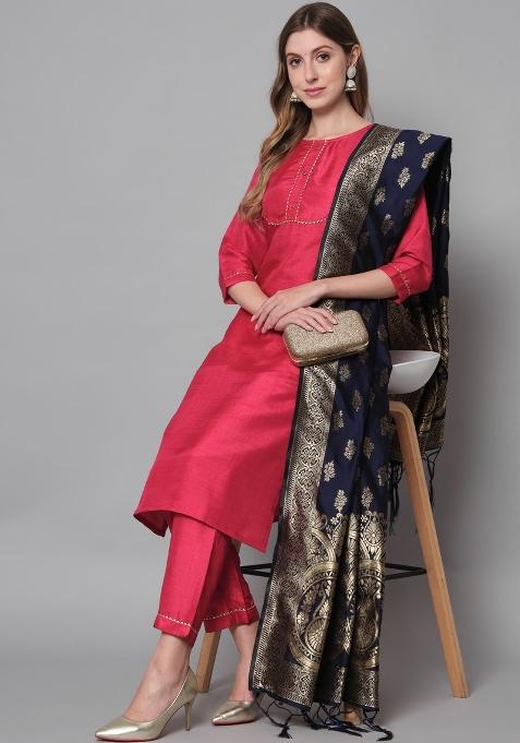 Red Self Design Cotton Blend Salwar Kameez With Dupatta