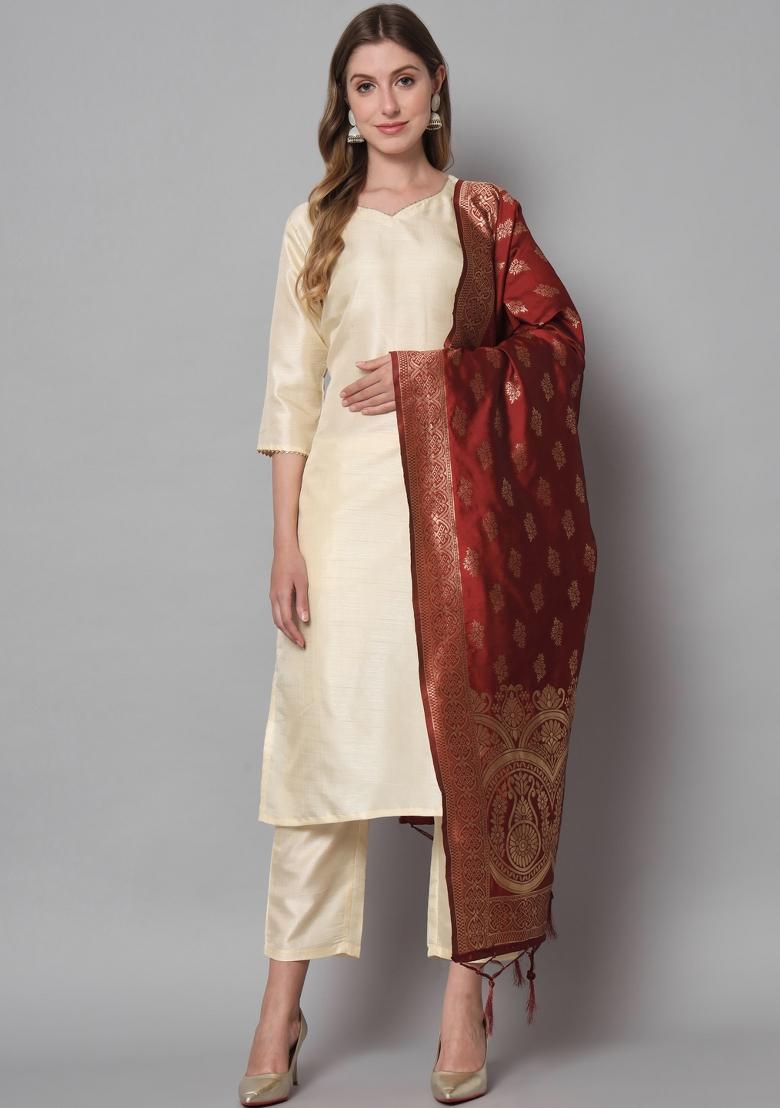 Cream Self Design Cotton Blend Salwar Kameez With Dupatta