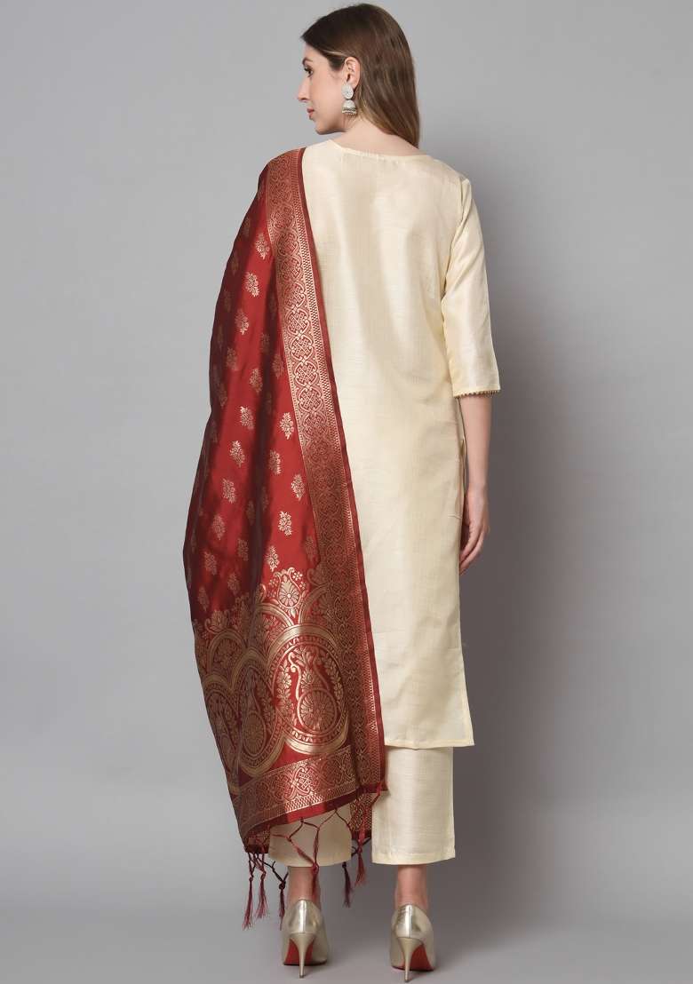 Cream Solid Cotton Straight Kurta Set - Indya