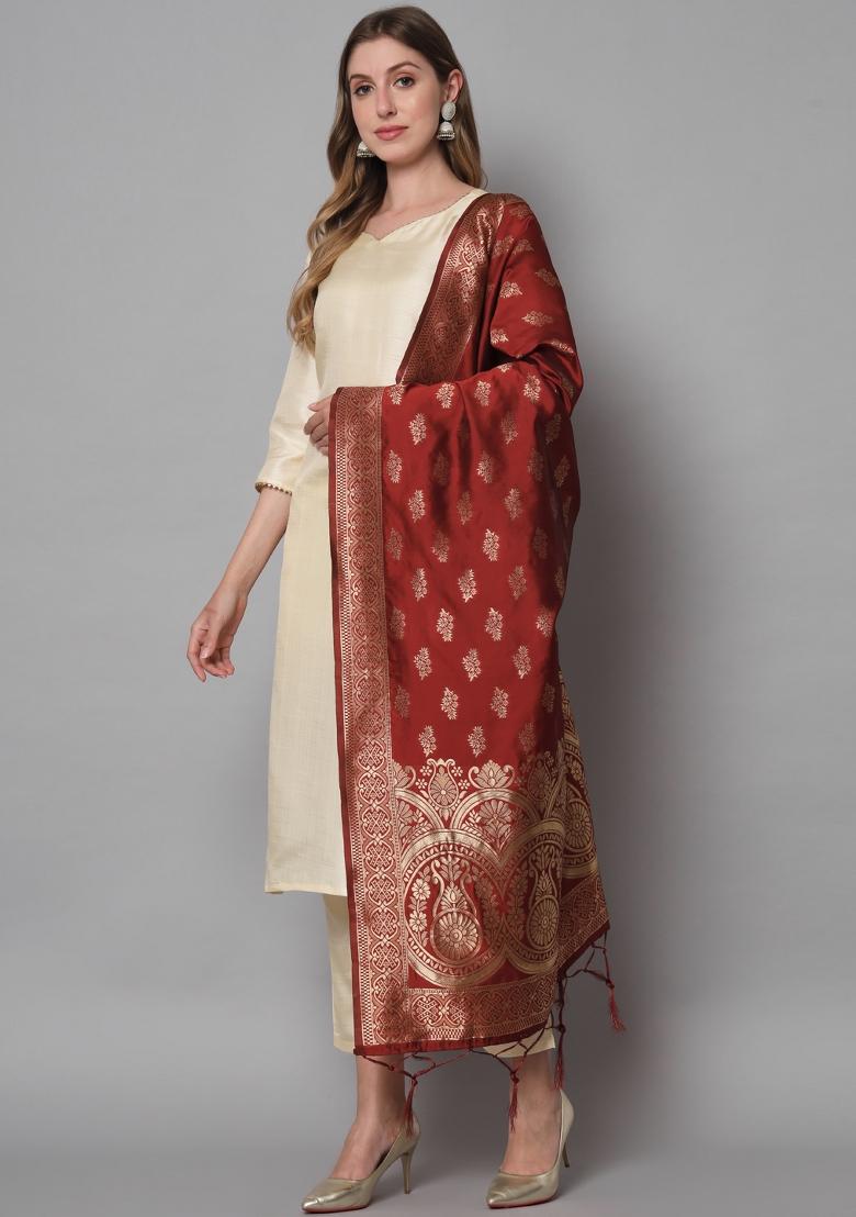 Cream Self Design Cotton Blend Salwar Kameez With Dupatta