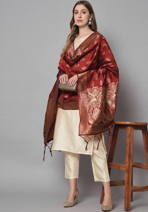 Cream Self Design Cotton Blend Salwar Kameez With Dupatta