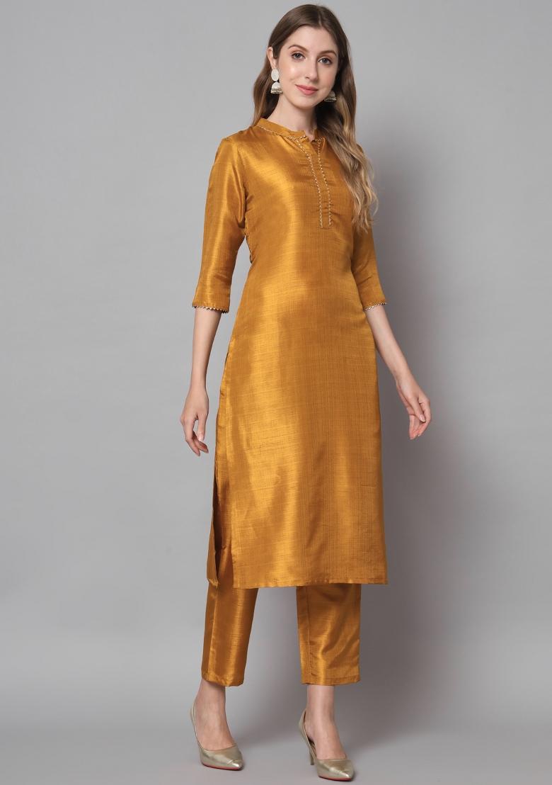 Mustard Yellow Self Design Cotton Blend Salwar Kameez With Dupatta