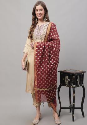 Cream Embellished Cotton Blend Salwar Kameez With Dupatta