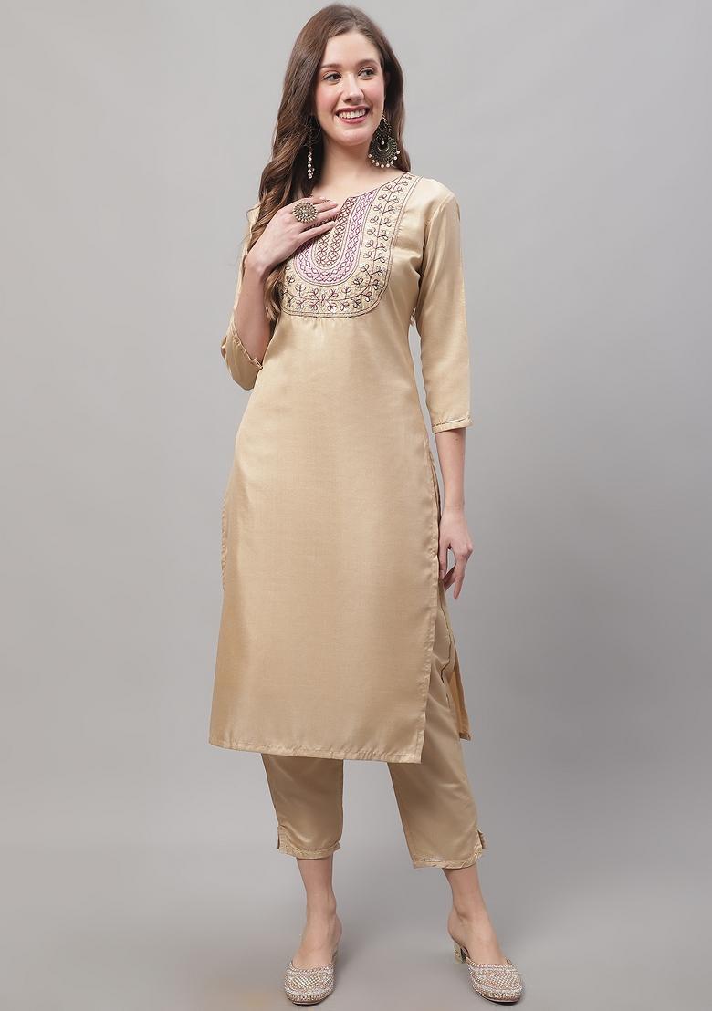 Cream Embellished Cotton Blend Salwar Kameez With Dupatta