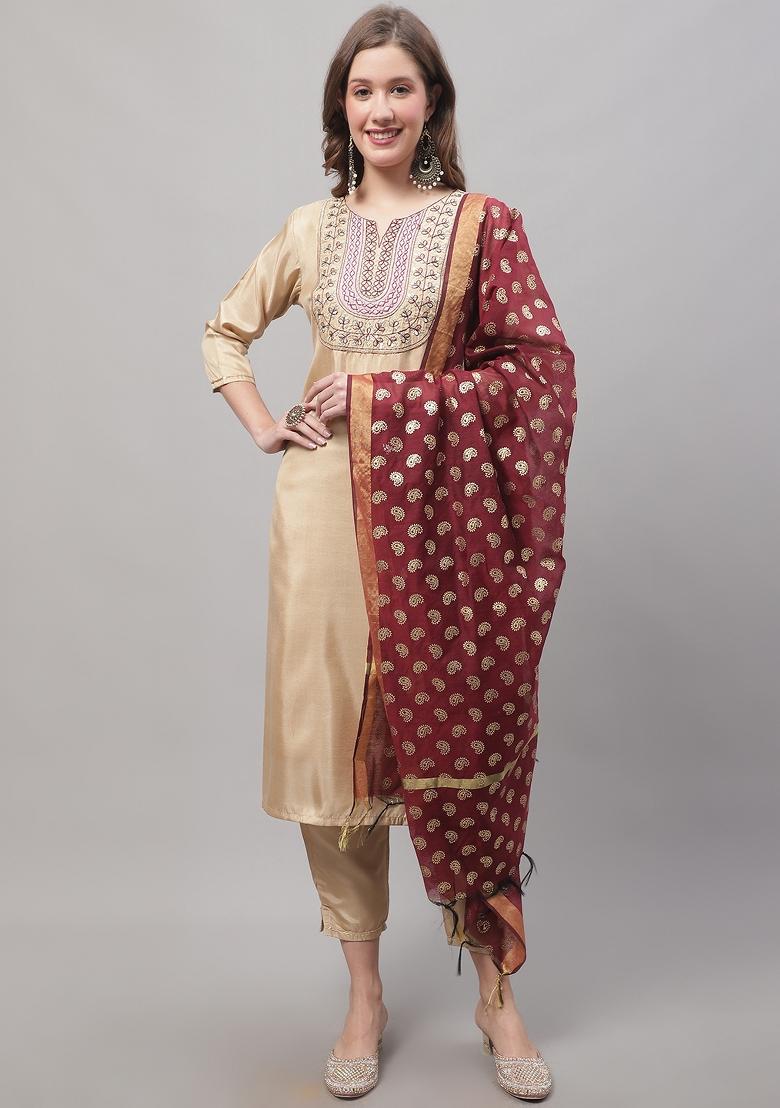 Cream Embellished Cotton Blend Salwar Kameez With Dupatta