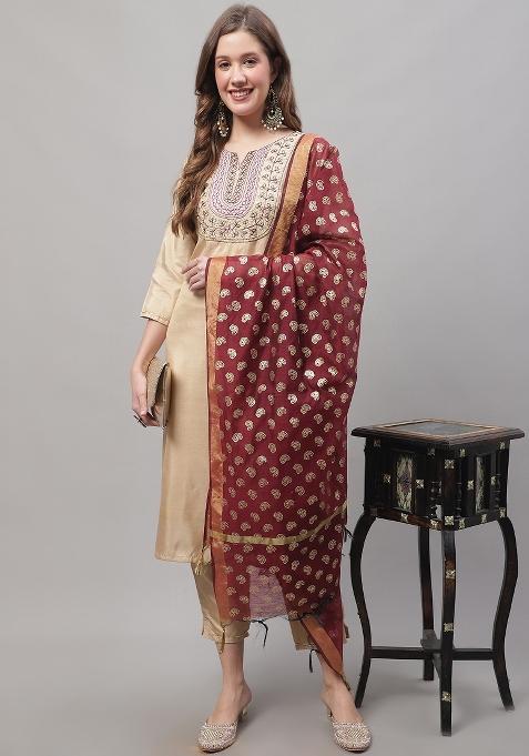 Cream Embroidered Blended Straight Kurta Set