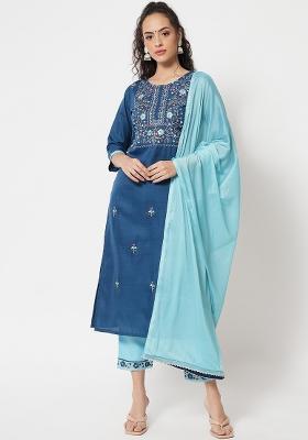 Blue Embroidered Cotton Blend Salwar Kameez With Dupatta