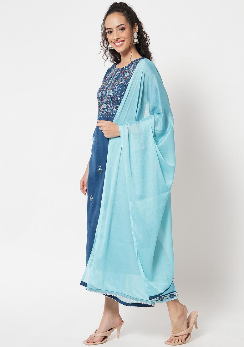 Blue Embroidered Cotton Blend Salwar Kameez With Dupatta