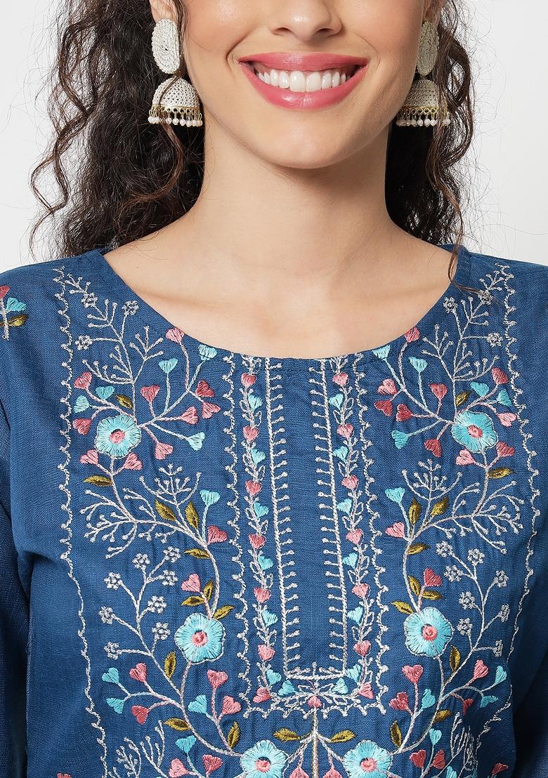 Blue Embroidered Cotton Blend Salwar Kameez With Dupatta