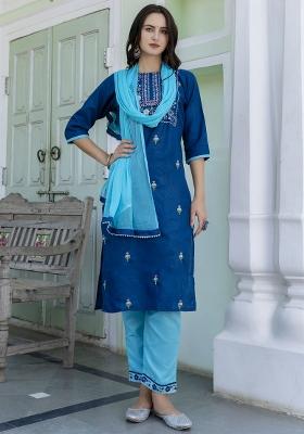 Blue Embroidered Cotton Blend Salwar Kameez With Dupatta