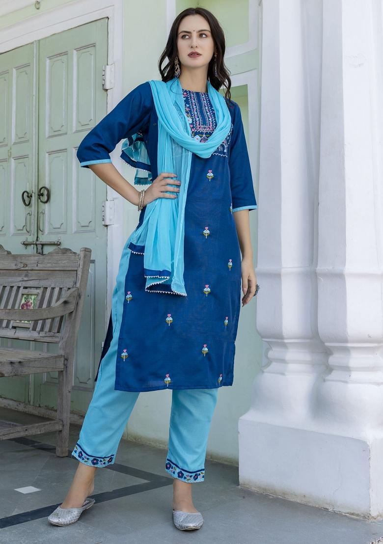 Blue Embroidered Cotton Blend Salwar Kameez With Dupatta