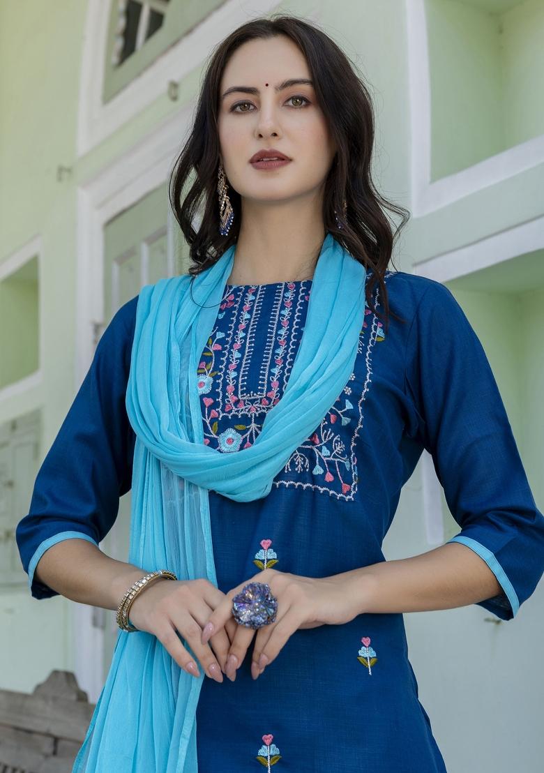 Blue Embroidered Cotton Blend Salwar Kameez With Dupatta