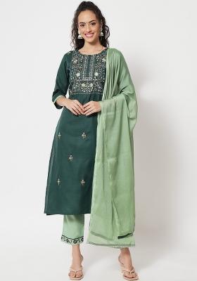 Green Embroidered Cotton Blend Salwar Kameez With Dupatta