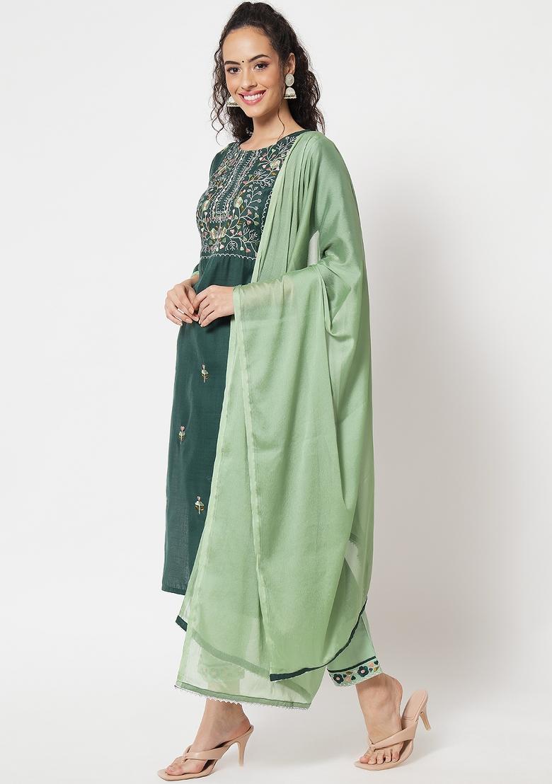 Green Embroidered Cotton Blend Salwar Kameez With Dupatta