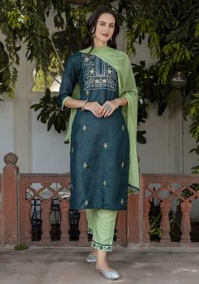 Green Embroidered Cotton Blend Salwar Kameez With Dupatta