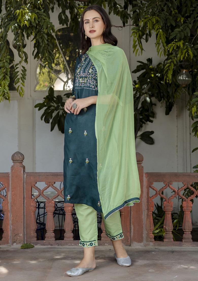 Green Embroidered Cotton Blend Salwar Kameez With Dupatta