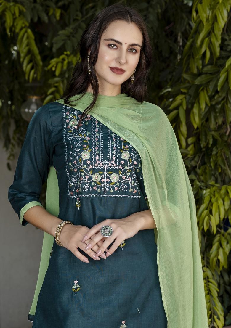 Green Embroidered Cotton Blend Salwar Kameez With Dupatta