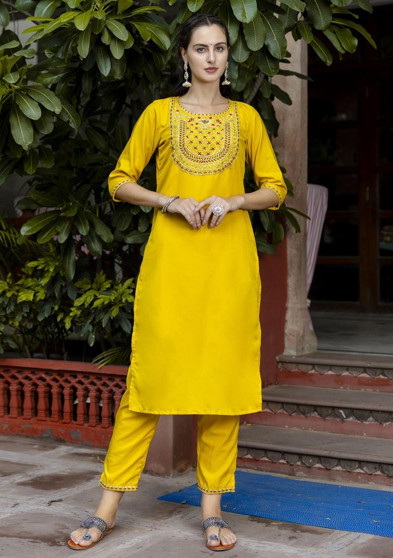 Yellow Embroidered Silk Blend Salwar Kameez With Dupatta