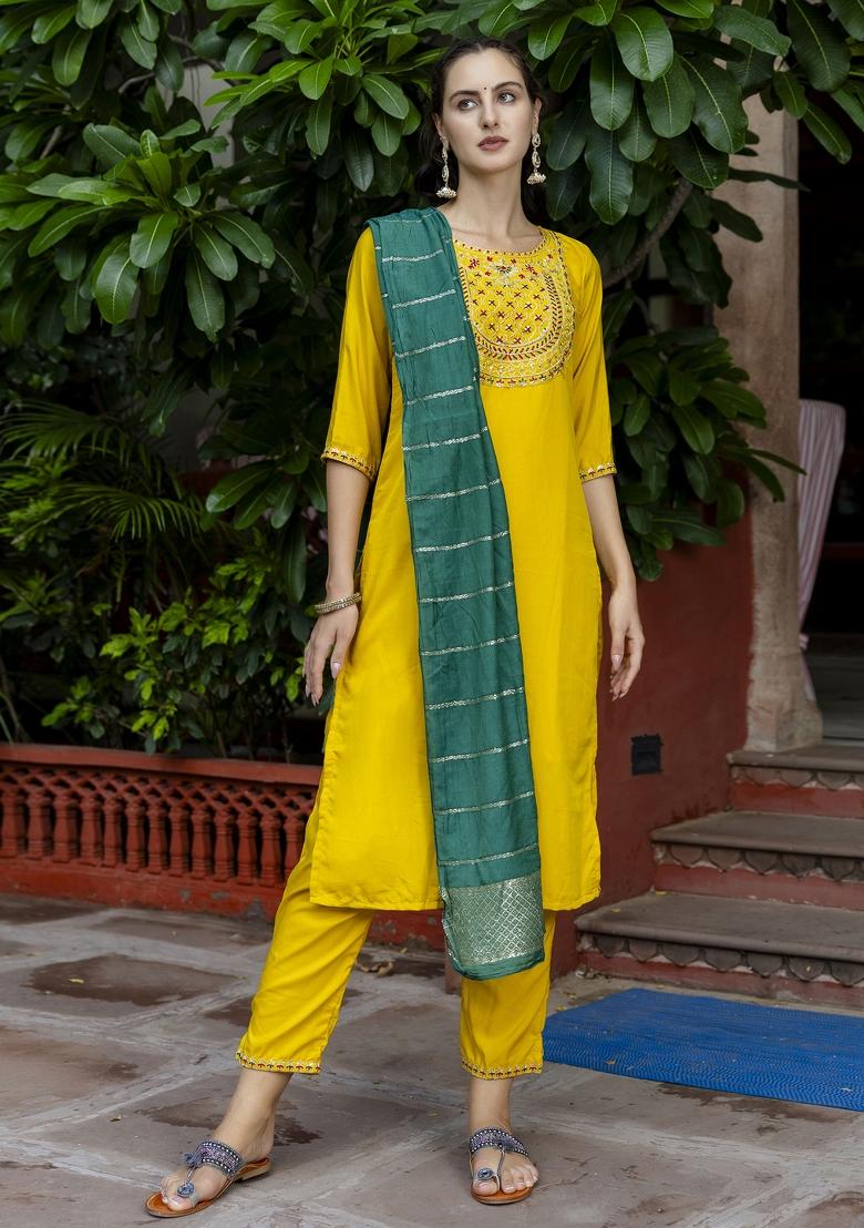 Yellow Embroidered Silk Blend Salwar Kameez With Dupatta