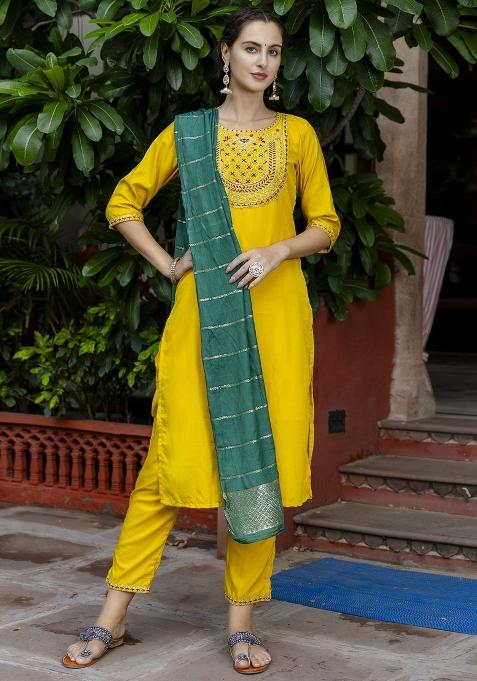 Yellow Embroidered Silk Blend Salwar Kameez With Dupatta