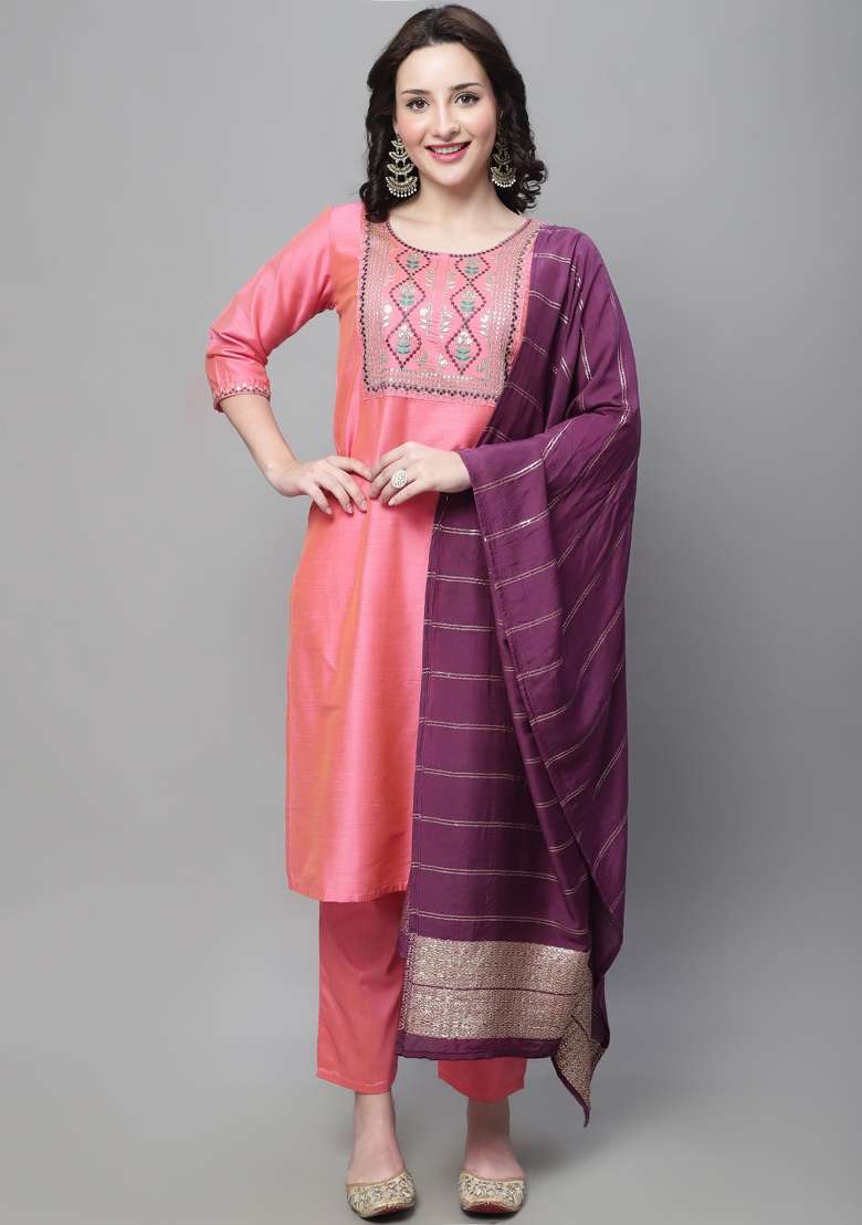 Peach Embroidered Blended Straight Kurta Set - Indya