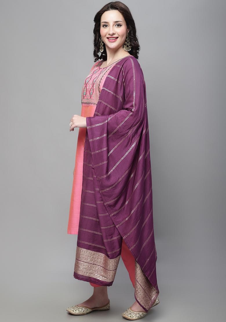 Peach Embroidered Cotton Blend Salwar Kameez With Dupatta