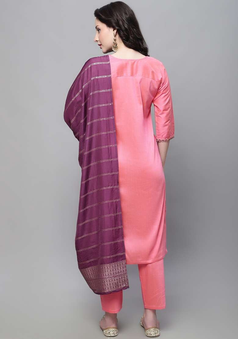 Peach Embroidered Blended Straight Kurta Set - Indya
