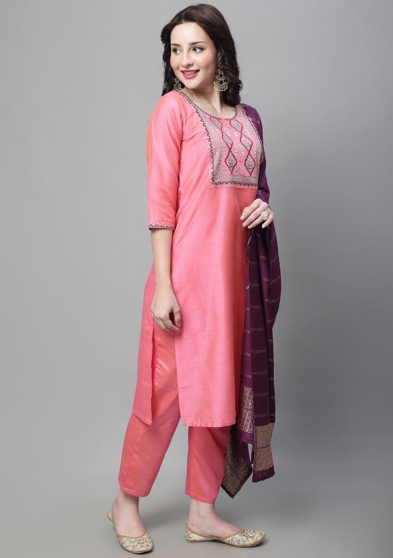Peach Embroidered Cotton Blend Salwar Kameez With Dupatta