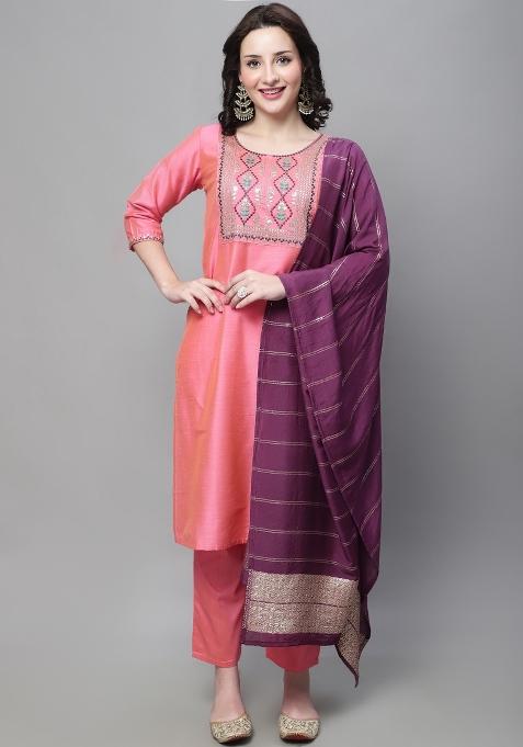 Peach Embroidered Cotton Blend Salwar Kameez With Dupatta