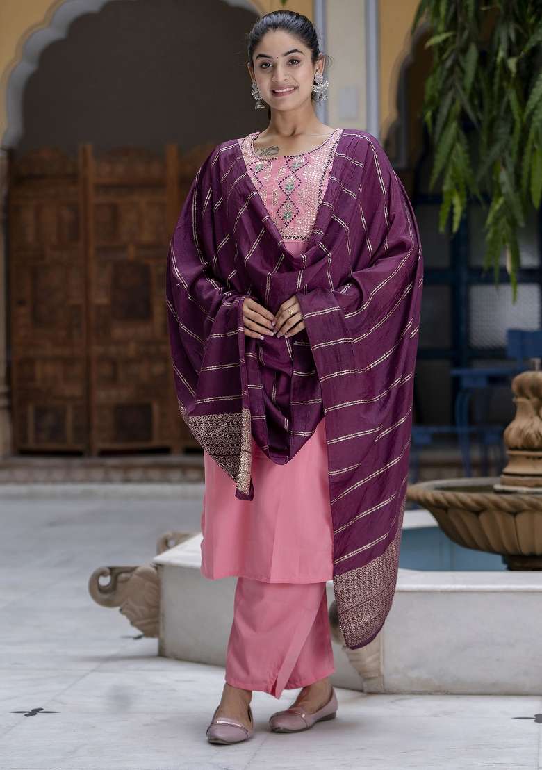 Peach Embroidered Blended Straight Kurta Set - Indya