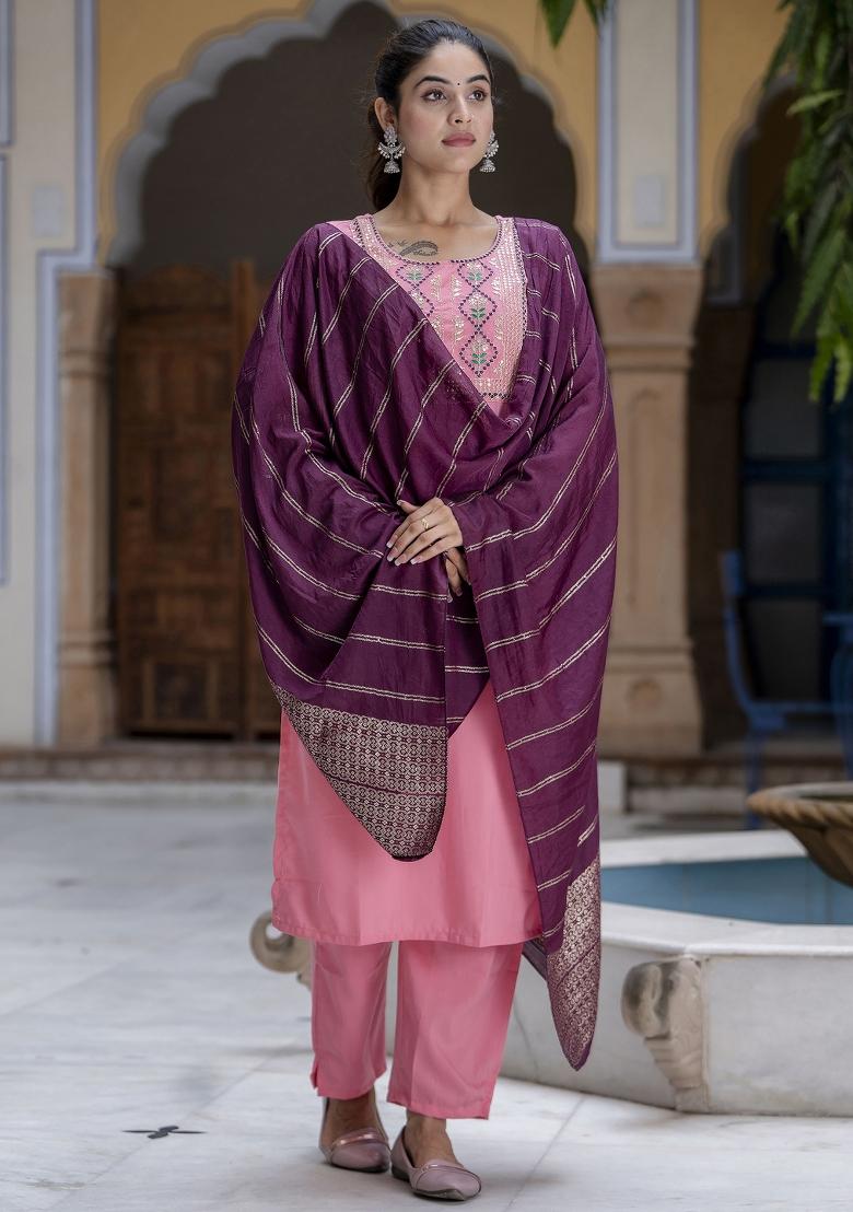 Peach Embroidered Cotton Blend Salwar Kameez With Dupatta