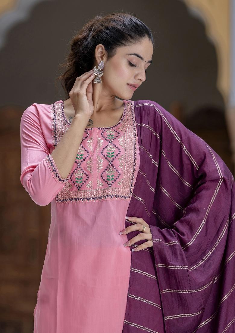 Peach Embroidered Cotton Blend Salwar Kameez With Dupatta
