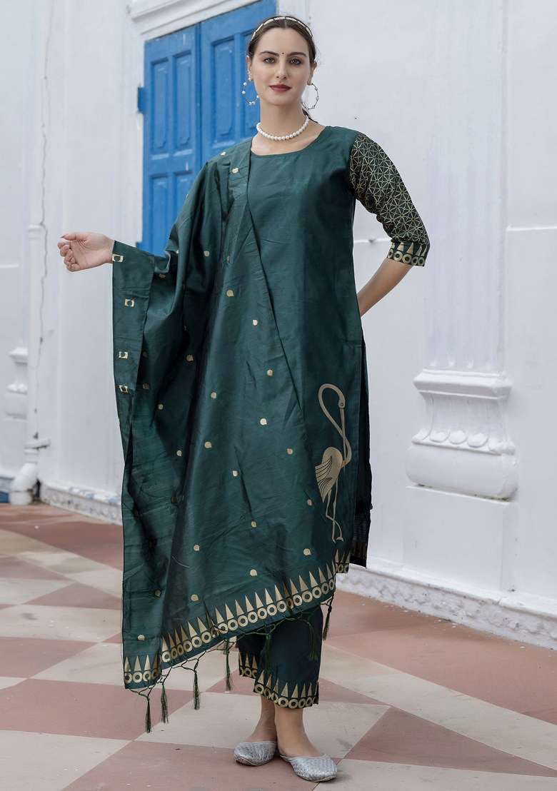 Green Printed Blended Straight Kurta Set - Indya