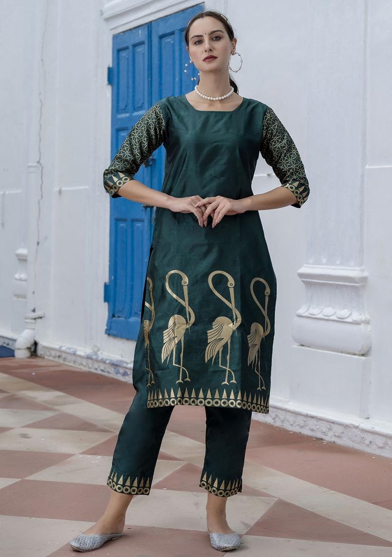 Green Woven Cotton Blend Salwar Kameez With Dupatta