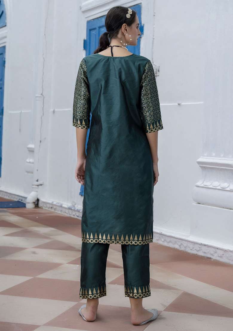 Green Printed Blended Straight Kurta Set - Indya