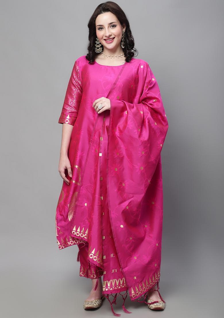 Pink Woven Cotton Blend Salwar Kameez With Dupatta