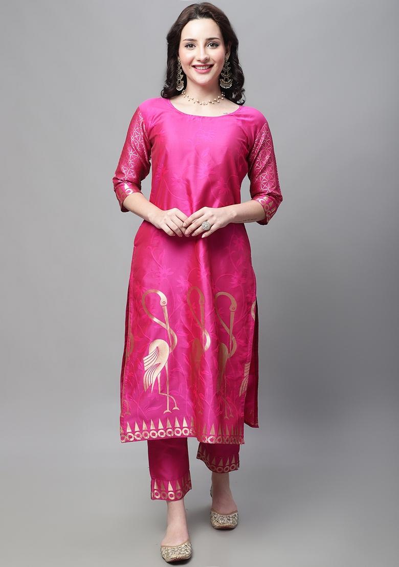 Pink Woven Cotton Blend Salwar Kameez With Dupatta