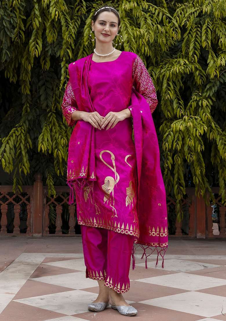 Pink Embroidered Cotton Straight Kurta Set - Indya