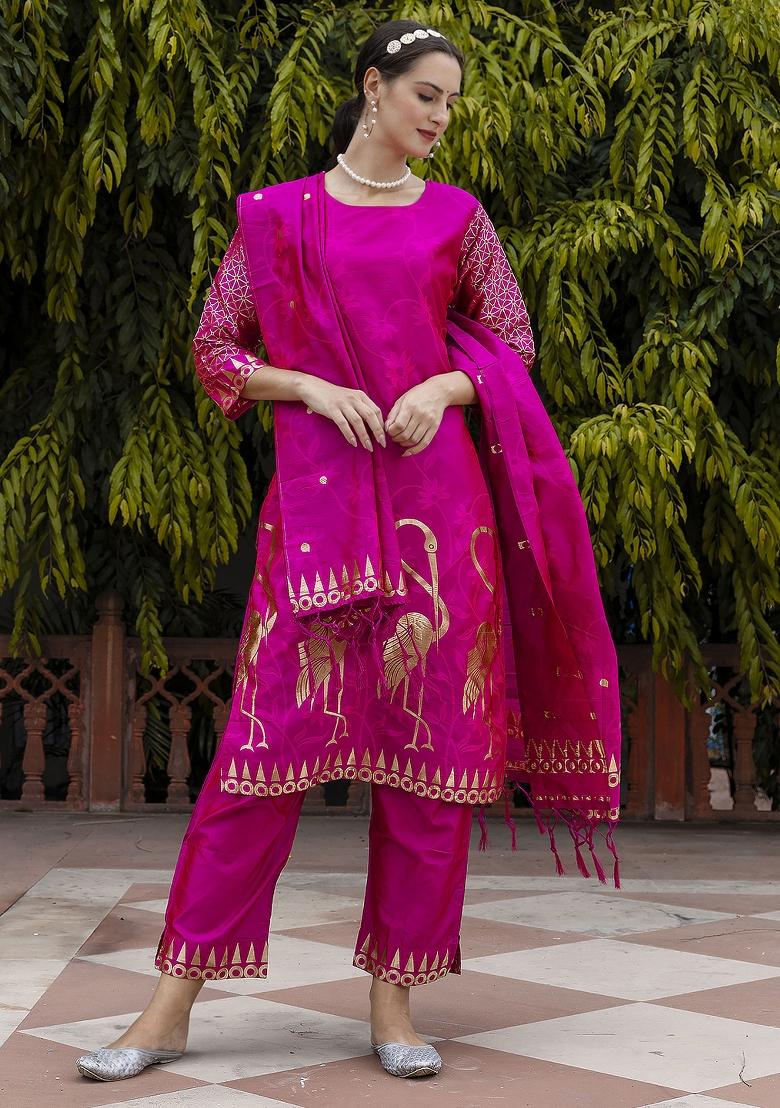 Pink Woven Cotton Blend Salwar Kameez With Dupatta