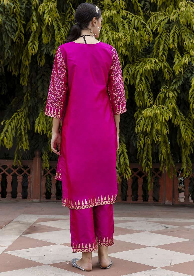 Pink Embroidered Cotton Straight Kurta Set - Indya