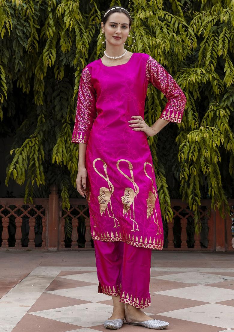 Pink Woven Cotton Blend Salwar Kameez With Dupatta