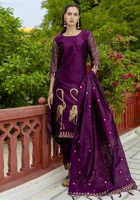 Purple Woven Cotton Blend Salwar Kameez With Dupatta