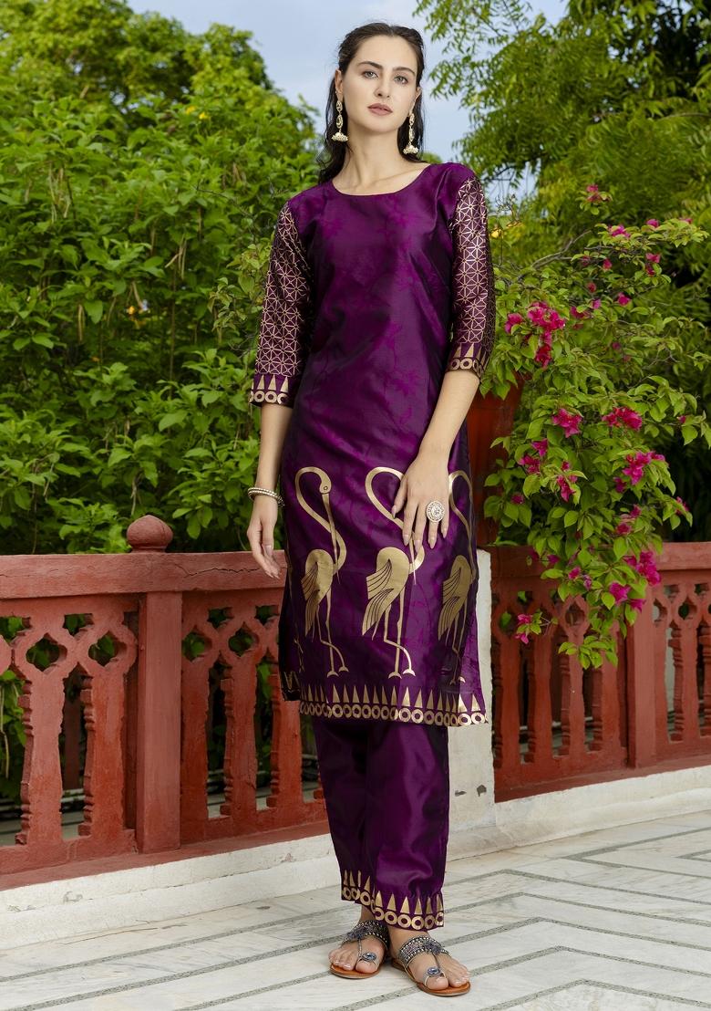 Purple Woven Cotton Blend Salwar Kameez With Dupatta